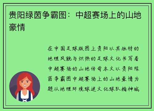 贵阳绿茵争霸图：中超赛场上的山地豪情