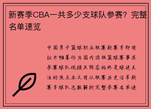 新赛季CBA一共多少支球队参赛？完整名单速览